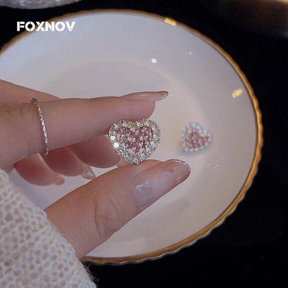 Women's Pink Clear Crystal Cute Heart Stud Gold Plated Lightweight Earrings - Picture 3 of 5